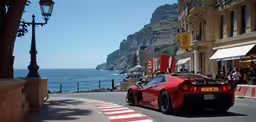 a red car is driving past some cliffs