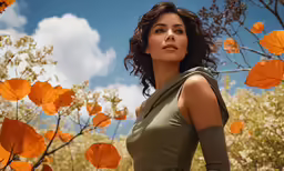 a woman stands in front of an orange tree with flowers