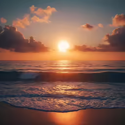 the sun sets over the ocean waves at a beach