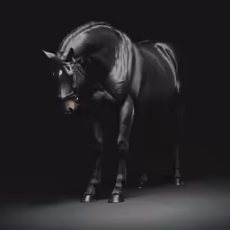 black horse with its head down against a black background