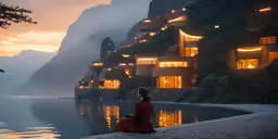 a woman sitting on a rock overlooking water in front of houses