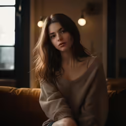 a young woman with long dark hair sits on a brown sofa in a room with a lit window and dark furniture