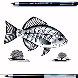 a drawing of fish, seaweed, and rock,a pencil drawing of a fish and sea creatures,a fish with other ocean animals next to it,a pencil and some fish with a black pen,a pencil and some drawing supplies on top of paper