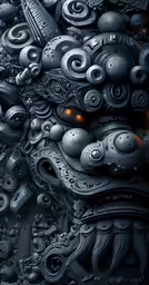 a large digital statue with yellow eyes in front of some sort of thing