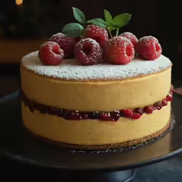 a large, round cake with raspberries on it