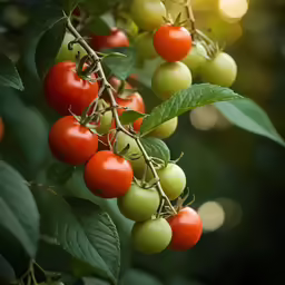 cherry tomatoes and green cherries growing on a branch