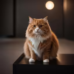 an orange and white cat sitting on top of a table