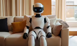 a white robot sits on the edge of a couch