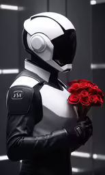 a woman wearing an astronaut costume and holding red roses