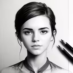 a portrait drawing of a young woman and her pen