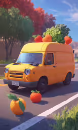 an animated image of an orange truck with a load on top of it