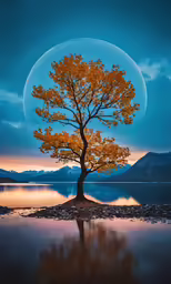 a lone tree stands on an island, illuminated by the moon