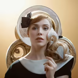 a woman in a hairdress and with a big hat in her hand