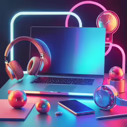 a laptop computer on a desk with headphones