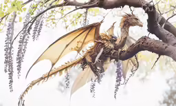 a dragon is sitting on the tree branch