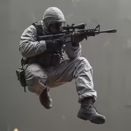 a person flying through the air while holding an rifle