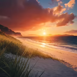 the sun is shining down on a sandy beach