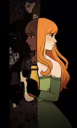 an illustration of a young red - haired woman with long red hair and a black mask, stands by a wall with other characters