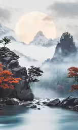 the view of trees and mountains from the river with fog