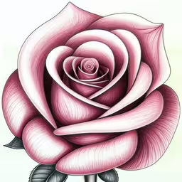 a drawing of a pink rose with leaves,pink rose flower on white background by itself