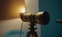 the camera on the tripod is setting up to take the picture