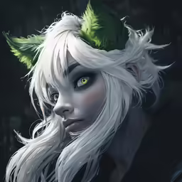 a young girl with white hair and a green leaf on her head