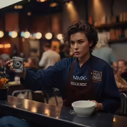 woman wearing apron holding up a drink at a bar