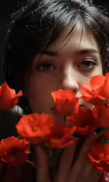 woman smelling red flowers in black background