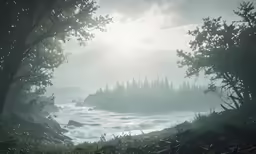 an open field with a river next to trees on a foggy day