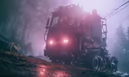 the truck has two headlights and is in the dark