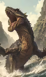 a godzilla jumping in the water with his teeth wide open