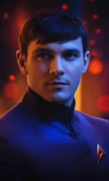 man wearing star trek uniform looking at camera