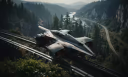 a futuristic vehicle driving on train tracks through the countryside