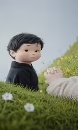 a small doll and a baby laying in the grass