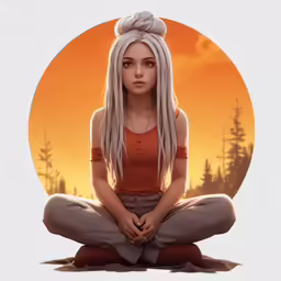 a girl in orange shirt with white hair sitting on a pair of legs