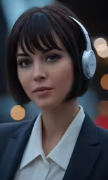 a woman with headphones on her ears looking at something