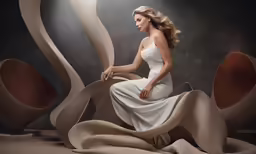 a woman in a white dress and long wavy hair sits on a stool