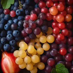 the grapes are red, white and blue, along with a green leaf