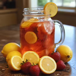 a clear jar with sliced lemons and red berry