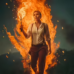 a woman in suspenders holding up an object with fire in the background