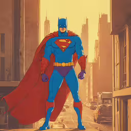a cartoon superman that appears to be in the middle of the street,a man dressed in a superman costume standing on a sidewalk