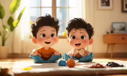 two children with a bowl in their hands on a carpet