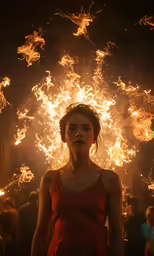 a young woman in red dress and fire in the sky