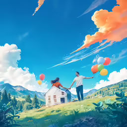 two people are holding hands in a field with many balloons
