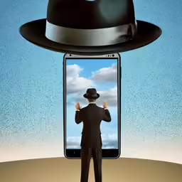 man in suit and hat looking into a cell phone screen