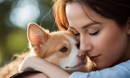 a woman is hugging a small brown and white dog