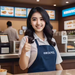 woman in blue and white apron giving thumbs up