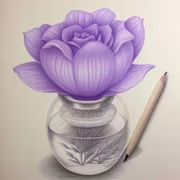 a pencil drawing of a purple flower inside of a vase