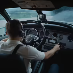 the man in the front seat of a car is driving