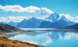 a scenic view of snow capped mountains and blue water